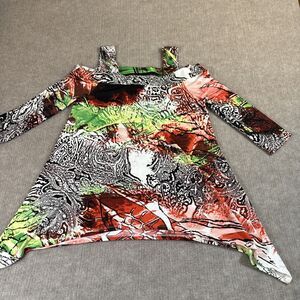Karen J‎ Design Women Top Lg Cold Shoulder Sharkbite Abstract Art to Wear